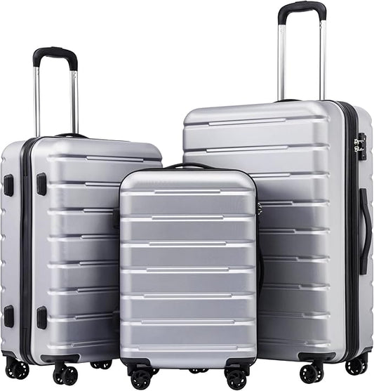 Coolife Luggage Suitcase Carry-on Spinner TSA Lock USB Port Expandable (only 28’’) Lightweight Hardside Luggage (Silver, 3 piece set)