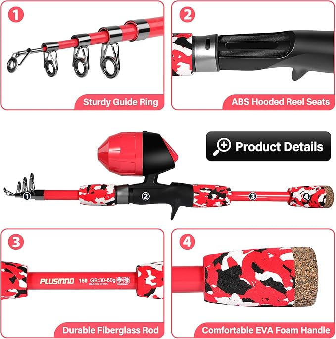 PLUSINNO Kids Fishing Pole with Spincast Reel Telescopic Fishing Rod Combo Full Kits for Boys, Girls, and Adults