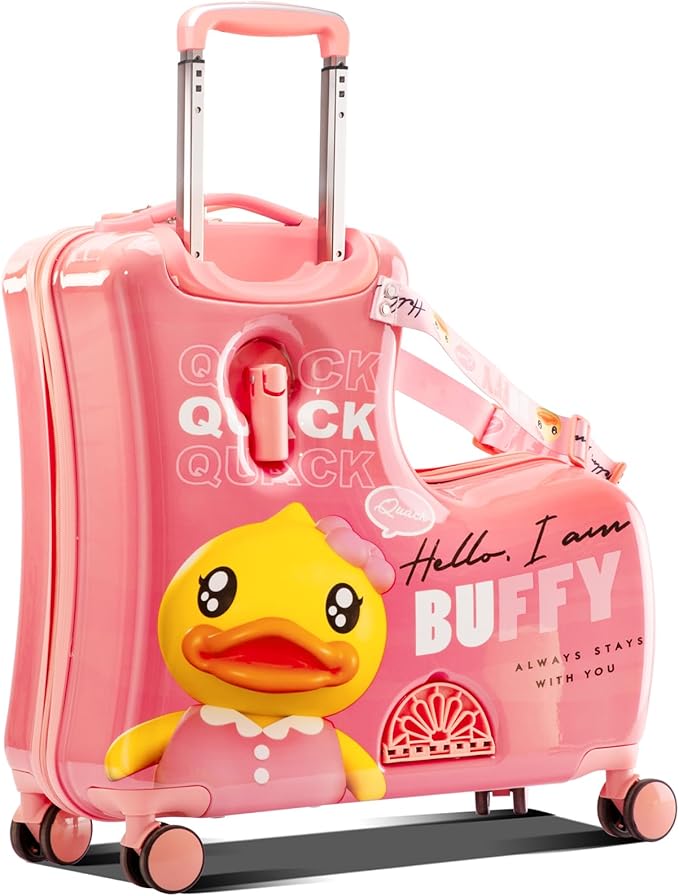 Kids' Lightweight Ride on Luggage with Spinner Wheels & Foldabe Design (Pink Duck, 24"+ Aged 3-12 Toddler)