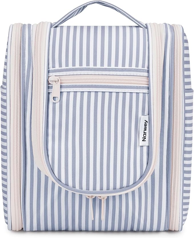Narwey Small Striped Hanging Travel Toiletry Bag for Women, Travel Bag for Toiletries, Makeup Bag Organizer Cosmetic Bags Make Up Bags for Women (Greyish Blue Stripe)