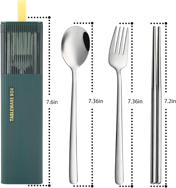 DEVICO Travel Utensils with Case, 18/8 Stainless Steel Reusable Silverware Set for Lunch Box, Portable Cutlery Set, Fork and Spoon Set for Camping, Lunch, Picnic, Workplace, School (Dark Green)