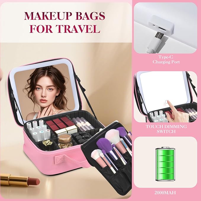 Travel Makeup Bag With LED Mirror,Makeup Travel Train Case with 3 Color Setting,Cosmetic Makeup Organizer Bag with Adjustable Dividers,Portable Make up Bag with Makeup Brush Holder Storage（Pink）
