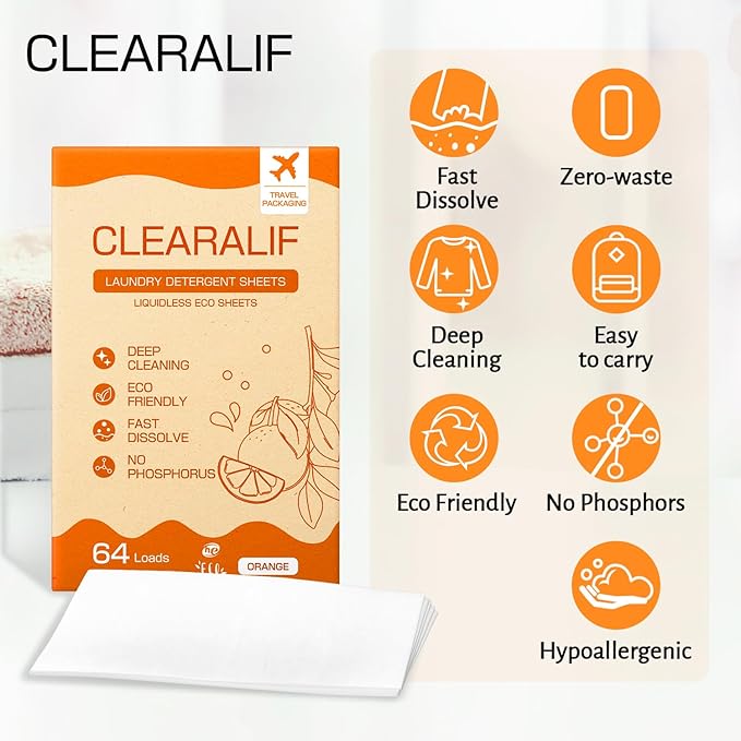 CLEARALIF Laundry Detergent Sheets, Orange, 64 Load, CLEARALIF Laundry Detergent Strips Eco Friendly & Hypoallergenic