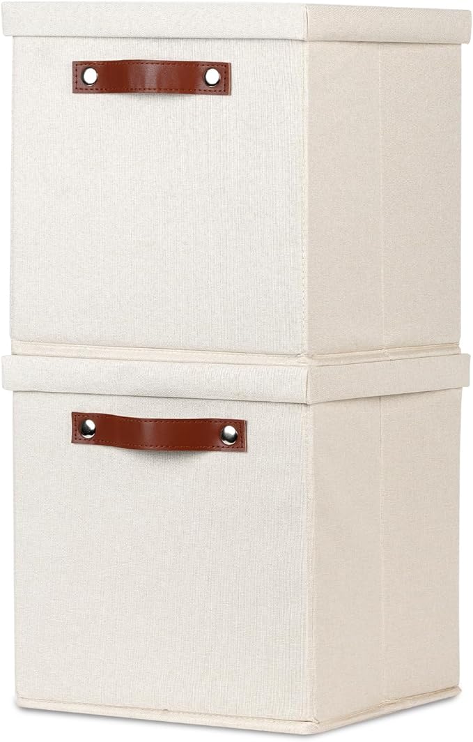 Temary Foldable Fabric Storage Bins with Lids, 2-Pack Storage Bin for Organizing Living Room, Closet Organization, Multi-Purpose Storage Boxes for Clothes (Beige, 10.5x10.5x10.5 inch)