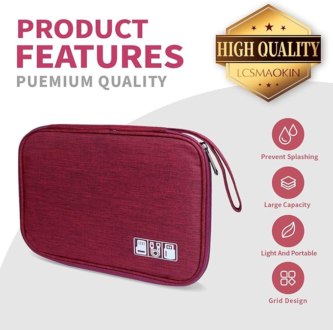Electronics Travel Organizer,Portable Waterproof Electronic Travel Storage Bag for Small Charging Cord Storage,Charger,Small Electronics,SD Card etc,for Travel,Business -Wine Red