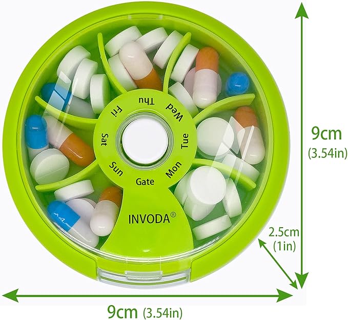 INVODA Weekly Pill Organizer 7 Compartment Rotating Pill Box for Daily Medication & Vitamins - Portable Travel Pill Case Fish Oil Supplements Vitamins Organizer (Green+Orange)