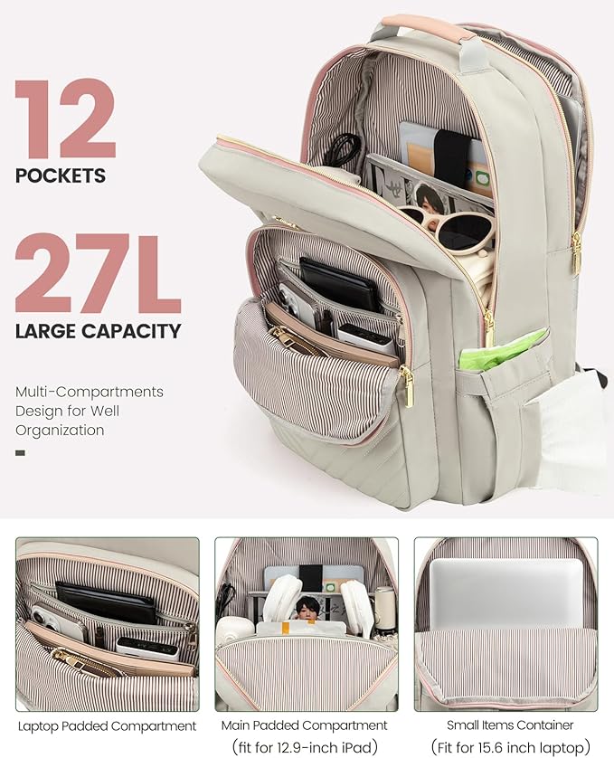 LOVEVOOK Laptop Backpack Purse for Women, Work Travel Computer Bags, College School Backpack for Student Girl, Quilted Casual Daypack with USB Port, Fit 15.6 Inch Laptop, Grey Pink
