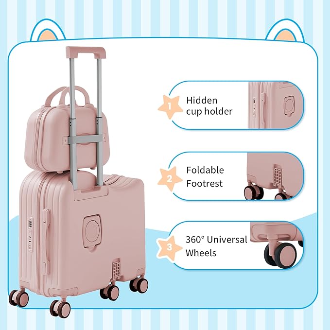 TABU Ride-on Luggage with Handbag for Kids，Hardshell Carry On Suitcase with Hidden Cup Holder, Foldable Pedal,Type-C & USB Interface, TSA Lock, 6-Spinner Wheels, Pink