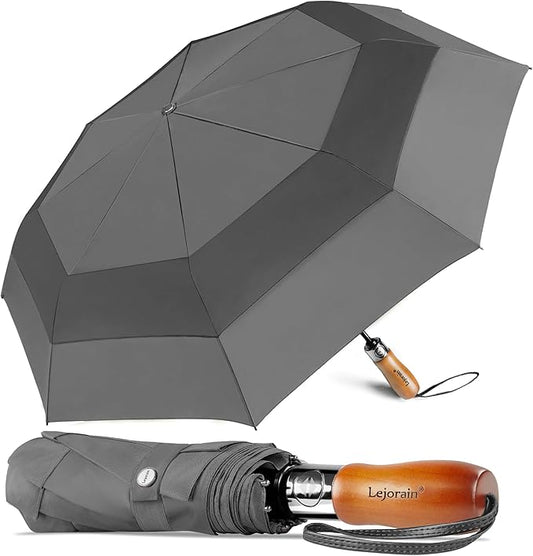 Lejorain Large Folding Golf Umbrella - Compact Mens Umbrellas Travel Rain and Windproof 54inch Collapsible Automatic Open Close Umbrella 210T Teflon Vented Double Canopy