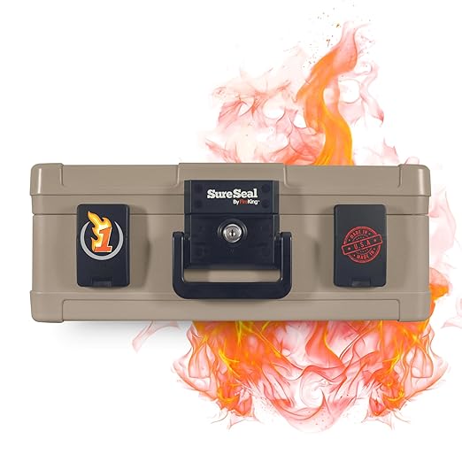 FireKing SureSeal Fire Safe with Key Lock, 1 Hour Fire Rated, UL Rated & 100 Hour Water Resistant Home Safe, Portable Home Safes, Taupe