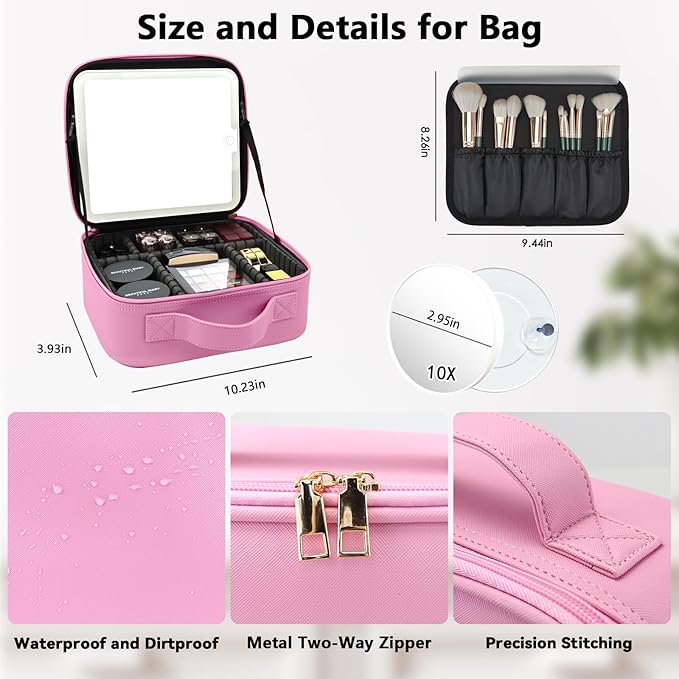 Travel Makeup Bag with LED Mirror and 10x magnifying glass with 3 Lighted Settings, Adjustable Dividers and Makeup Brush Storage Bag Dark Pink