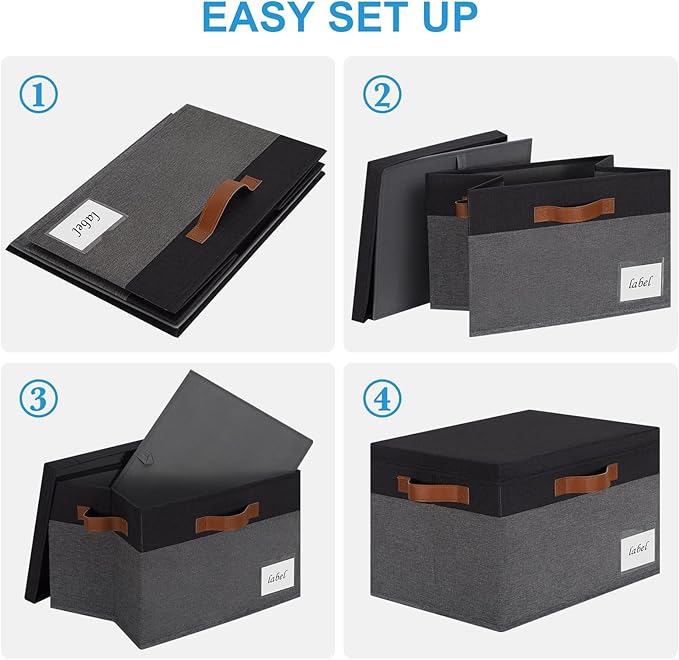 Large Storage Bins with Lids, Foldable Fabric Storage Baskets with Lids, Sturdy Storage Boxes with Labels and 3 PU Handles for Closet Home Bedroom Office (26L, 3 Packs, Grey&Black)