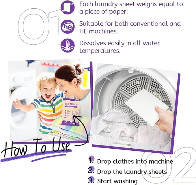 CLEARALIF Laundry Detergent Sheets, Lavender, 64 Load, CLEARALIF Laundry Detergent Strips Eco Friendly & Hypoallergenic