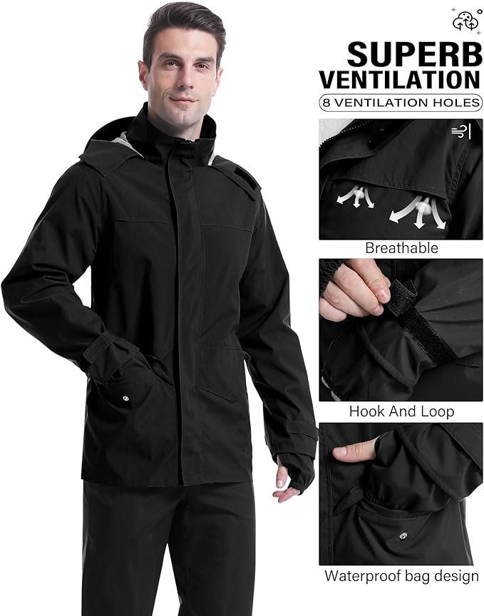 iCreek Rain Suit Waterproof Jacket with Pants 2 Pieces Breathable Lightweight Packable Raincoat with Hooded Rain Gear Unisex