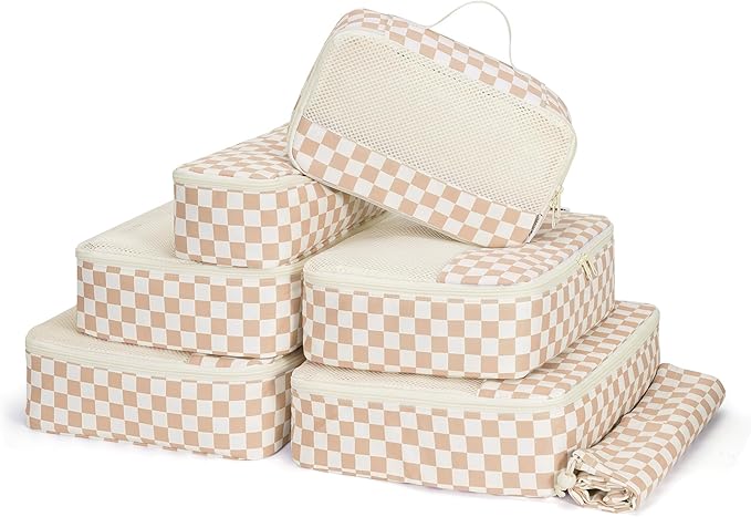 Narwey 7 Set Checkered Packing Cubes for Travel Carry on Suitcase Luggage Organizer Bags for Kids Women Men, Durable Packing Organizers Bag, Travel Essentials Accessories (Light Checkerboard)