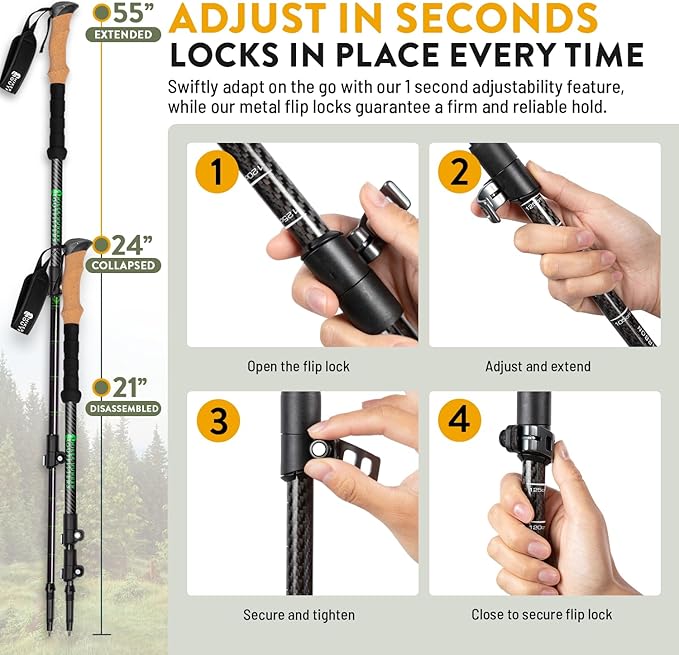 100% Carbon Fiber Trekking Poles by USA Brand - Ultra Strong Lightweight Collapsible Hiking Poles with Cork and EVA Foam Grips & Quick Adjustable Flip Locks