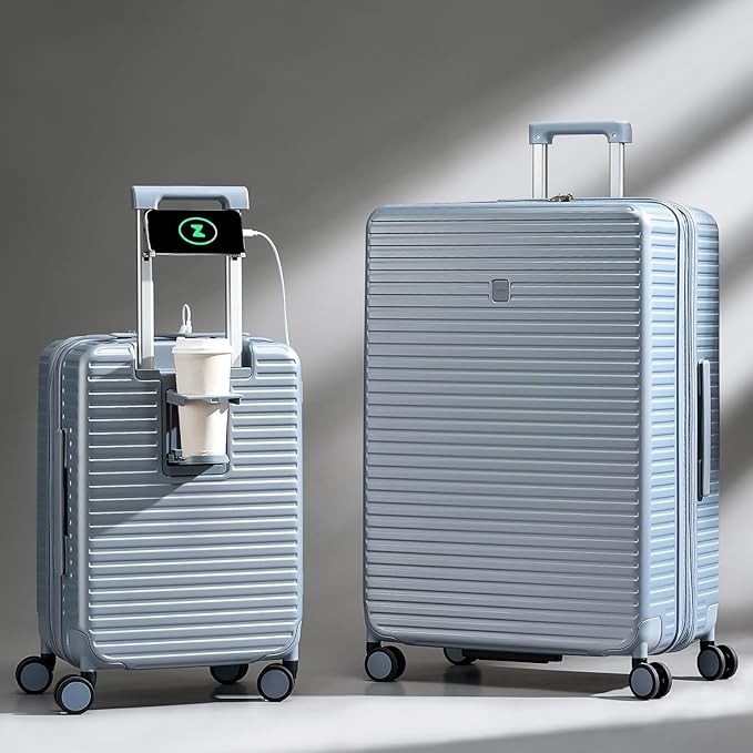 Hard Shell Suitcases Expandable Travel Luggage Sets 2 Piece, Carry on and Check in Luggage Lightweight Suitcase Set 2 Piece with Wheels Cup Holder Charger Built in (Caribbean Blue, 20/28)