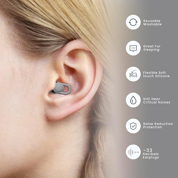 Silicone Ear Plugs for Noise Reduction - Reusable Soft Comfortable Earplugs for Sleeping,Noise Sensitivity & Flights -16 Ear Tips in XS/S/M/L, with 2 Travel Boxes - 33dB Noise Cancelling (Grey)