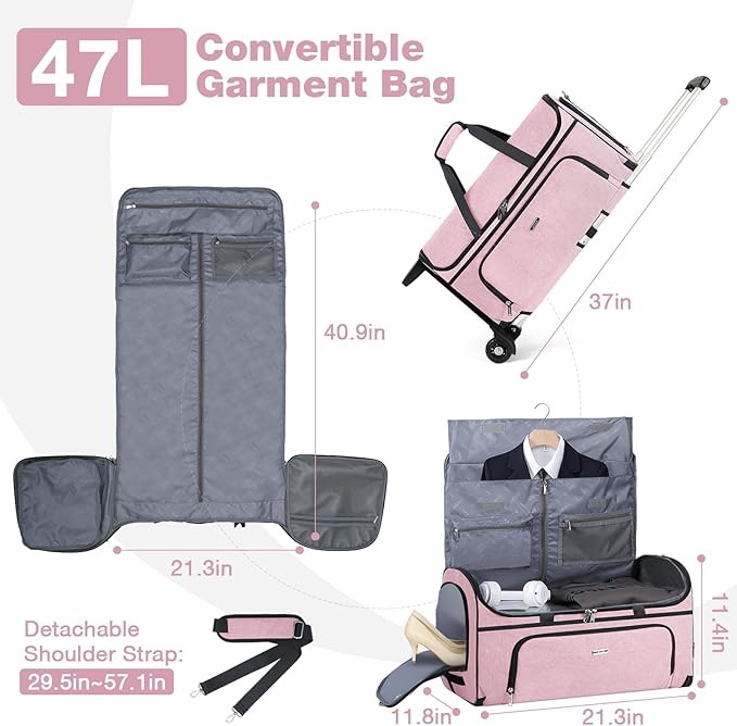 Garment Bags with Wheels, Garment Convertible Weekender Bags, Large Garment Bags for Travel, Duffle Luggage Bag Garment Bag (Pink, Medium)