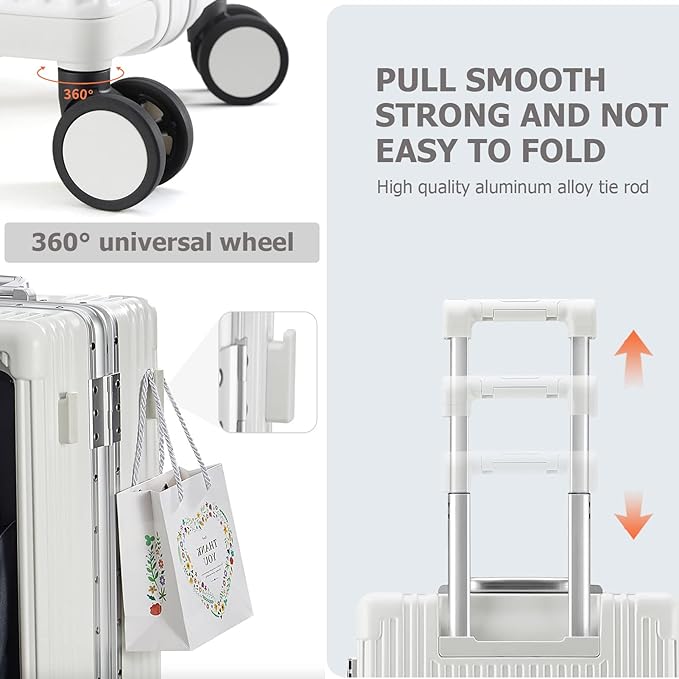 feilario 20in Aluminium Frame PC Hard Shell Spinner Wheels Luggage, Built-In TSA lock Carry on Suitcase, with Cup Holder, USB Port, Phone Holder