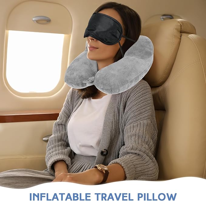 Sintuff 2 Pack Inflatable Travel Pillow for Airplanes Inflatable Neck Flight Pillows with Compact Bag and Blindfold for Traveling, Airplane, Train, Car, Office(Light Gray and Sky Blue)