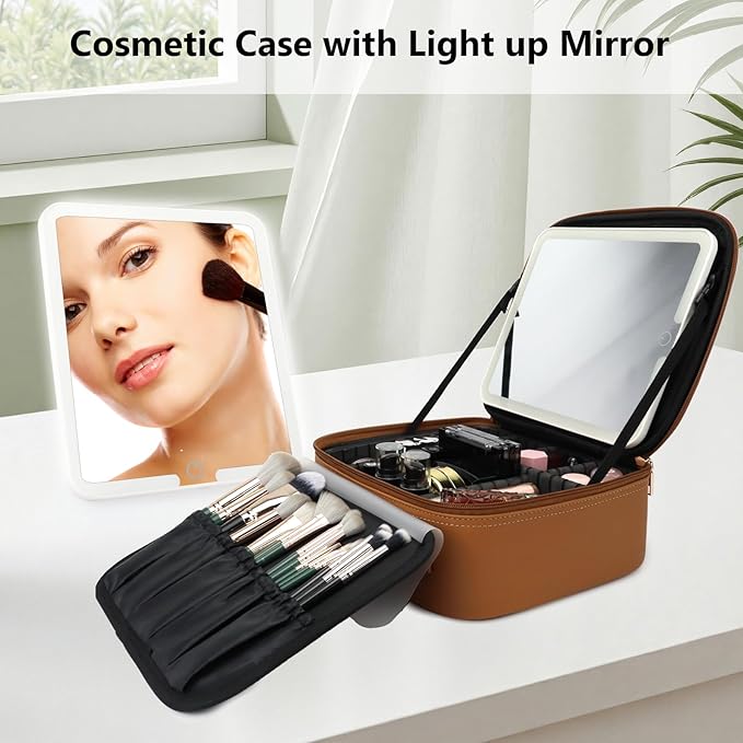 Travel Makeup Bag with LED Mirror Travel Makeup Organizer with 3 Lighted Settings, Adjustable Dividers and Makeup Brush Storage Bag Brown