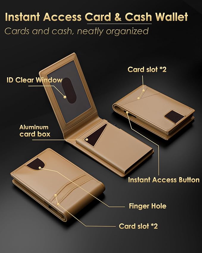 Wallet for Men - RFID Blocking [Functional & Practical] Bifold Slim Minimalist Credit Card Holder Pop Up Metal Case with Cash Slot Front Pocket with ID Window, Gift Boxed (Brown)