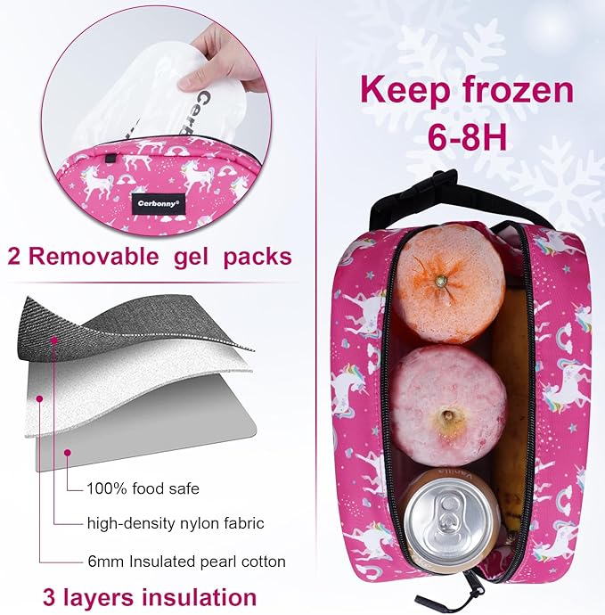 Cerbonny Small Cooler Bags: Freezable, Insulated Lunch Bags for Work/School Travel - fits Yogurt | 3+(Unicorn)