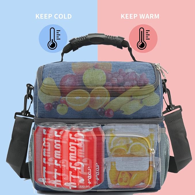 FlowFly Double Layer Cooler Insulated Lunch Bag Adult Lunch Box Large Tote Bag for Men, Women, With Adjustable Strap,Front Pocket and Dual Large Mesh Side Pockets