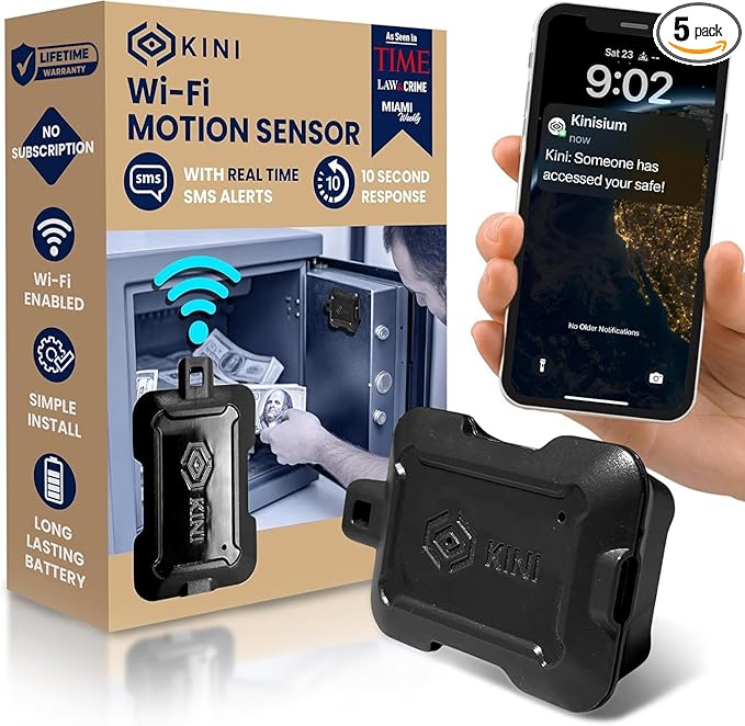 Kini SafeAlert WiFi Motion Sensor Alarm | Real-Time SMS Notification | Wireless Motion Detector for Safes, Cabinets, Home, Apartments, Office | Easy Install, No Subscription, Rechargeable Battery
