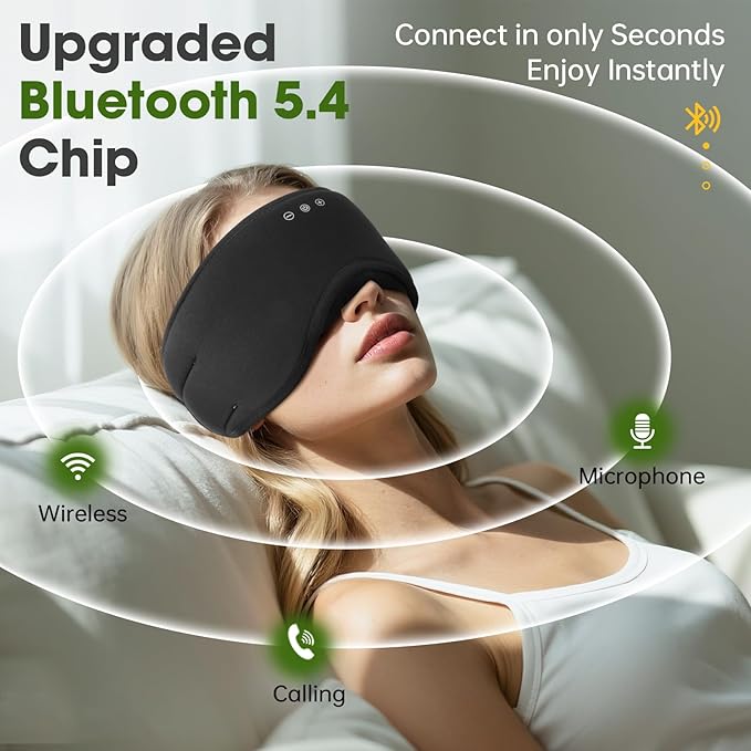 Sleep Headphones with Bluetooth 5.4 Sleep Mask, Bamboo Cotton Music Wireless Bluetooth Eye Mask for Sleeping, Earphones HD Speaker Microphone for Travel, Gifts for Men Women, Black