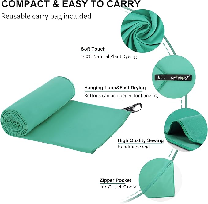 Rainleaf Microfiber Towel Perfect Travel & Gym & Camping Towel. Quick Dry - Super Absorbent - Ultra Compact - Lightweight. Suitable for Trip, Beach, Shower, Backpacking, Pool