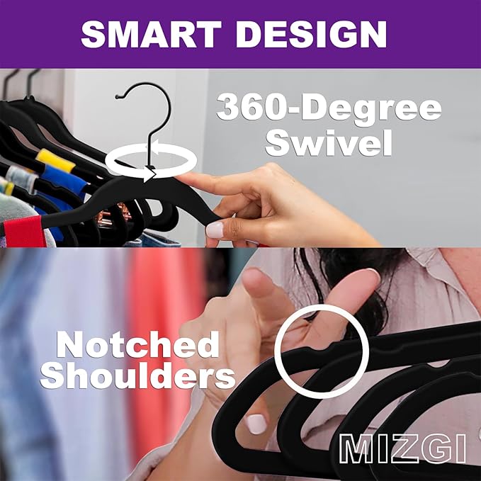 MIZGI Premium All Black Velvet Hangers with Black Hooks (30 Pack) Heavy Duty - Non Slip Felt Hangers - 360 Degree Swivel,Space Saving Clothes Hanger,Durable Strong Hanger for Suits,Coat