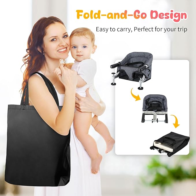 Hook on High Chair with Tray: High Chair for Babies and Toddlers 6-36 Months, Portable and Foldable High Chair for Home and Travel, Baby Feeding Chair, Setup in Seconds - Includes Carry Bag (Grey)