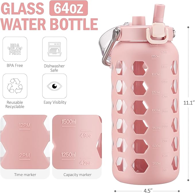 MUKOKO 64oz Glass Water Bottles with Straw and Lid,Half Gallon Water Bottle with Time Marker,Large Glass Water Jug with Silicone Sleeve and Stainless Steel Handle-Pink