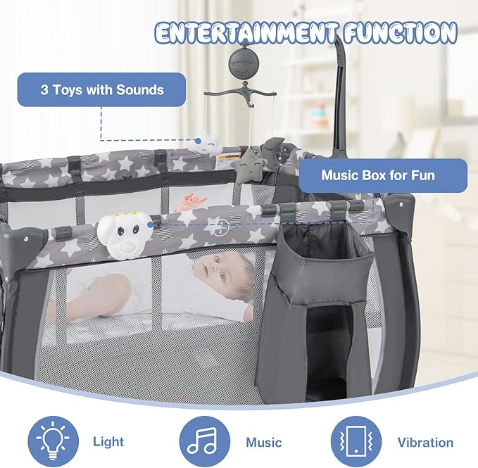 HONEY JOY Pack and Play, 3 in 1 Portable Baby Playard with Bassinet, Changing Table, Lockable Wheels, Music Box, Foldable Travel Baby Crib Nursery Center from Newborn to Toddler (Star Gray)