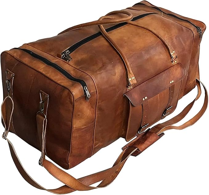Leather Duffle Bag for Men Luggage Handmade Travel Bag Carry On Luggage Weekender Bags Overnight Gym Sports Cabin Holdall Bag For Airplanes Men And Women (21 Inch Brown)