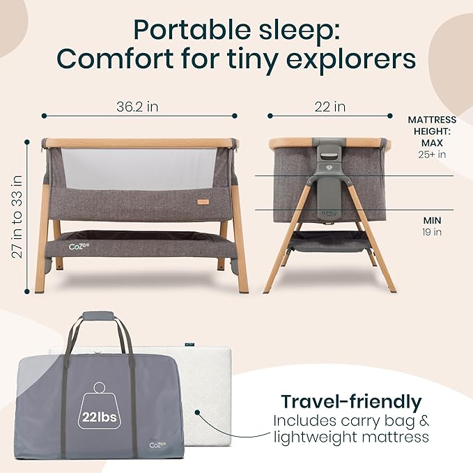 CoZee® 2-in-1 Baby Bassinet & Bedside Sleeper - Fast-Folding Bedside Bassinet, Baby Crib with 6 Mattress Heights & Breathable Mesh Window, Mattress Included, 0-6 Months (Oak & Charcoal)