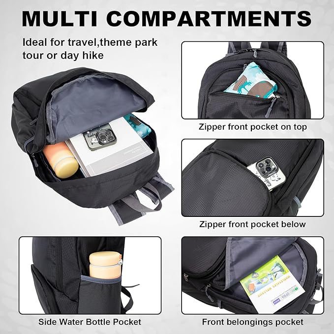 HOLYLUCK 20L lightweight packable Hiking Daypack Foldable Backpack for Men Women Small Travel Outdoor Foldable Shoulder Bag-black