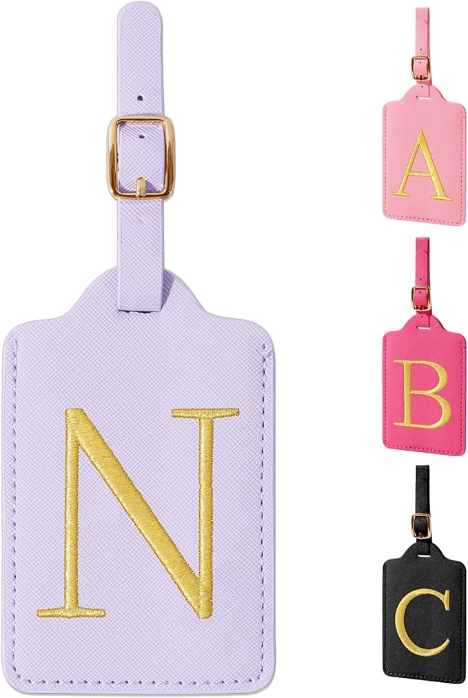 Personalized Initial Luggage Tags for Suitcase, Purple Leather Cute Luggage Tags with Privacy Cover Name Card, Embroidered Custom Monogrammed Luggage Tag Travel Backpack Tags Gifts for Women Kids(N)
