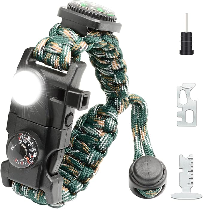20 in 1 Survival Paracord Bracelet Adjustable Gear Kit with SOS LED Light, Fire Starter, Bigger Compass, Survival Whistle, Perfect for Camping, Hiking, Fishing