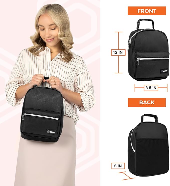 opux Lunch Box for Girls Boys Kids, Insulated Leakproof Lunch Bag, Reusable Teen Lunch Boxes for School, Medium Large lunchbox for Women Men Adult for Work with Front Back Pocket (Black)