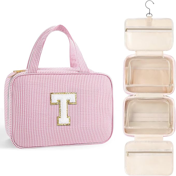 TOPEAST Hanging Toiletry Bag for Women - Travel Toiletry Bag Makeup Bag, Portable Toiletries Cosmetic Bag, Airplane Travel Essentials - Letter T, Pink