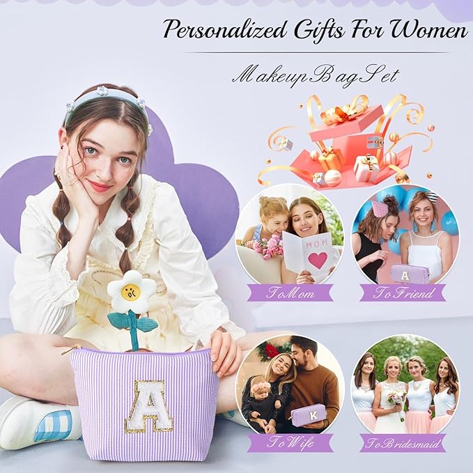 YOOLIFE Purple Makeup Bag for Women - Personalized Initial Cute Makeup Pouch Make Up Case for Girlfriend Bridesmaid Wife | Cosmetic Travel Toiletry Bag for Friend Female | Birthday Gift for Her Mom Z