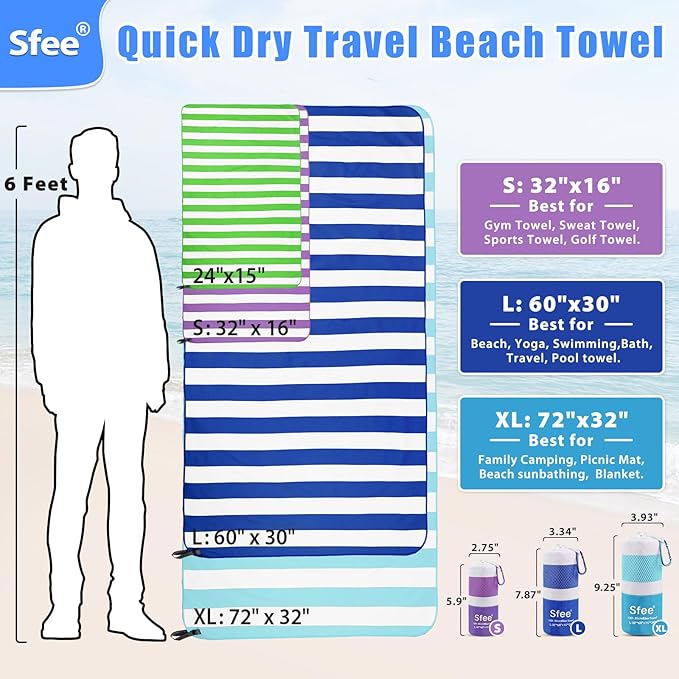 Sfee 2 in 1 Microfiber Beach Towel, Quick Dry Towel Camping Towel Travel Towel Super Absorbent Compact Lightweight Sports Gym Towels Set for Beach, Gym, Hiking, Pool, Backpacking, Bath, Yoga