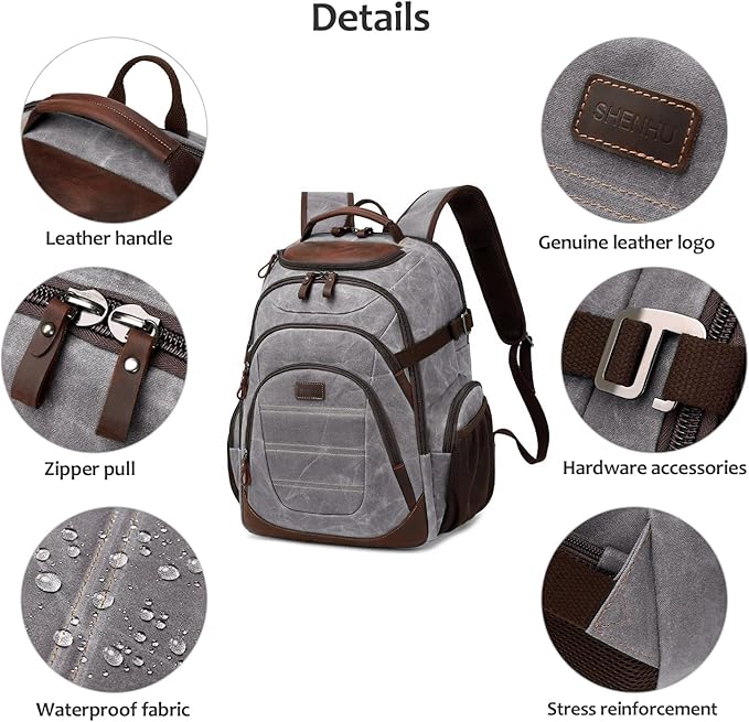 Travel Laptop Backpack 17.3 inch XL Computer Backpack for Men Waxed Canvas College Daypack Business Backpack Gray