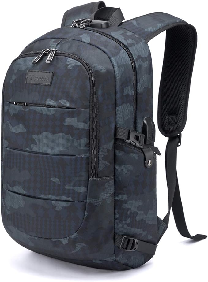 Tzowla Business Laptop Backpack Water Resistant Anti-Theft Backpack with USB Charging Port and Lock 15.6 Inch Computer Backpacks for Women Men, Casual Hiking Travel Daypack (Navy Blue Camo)