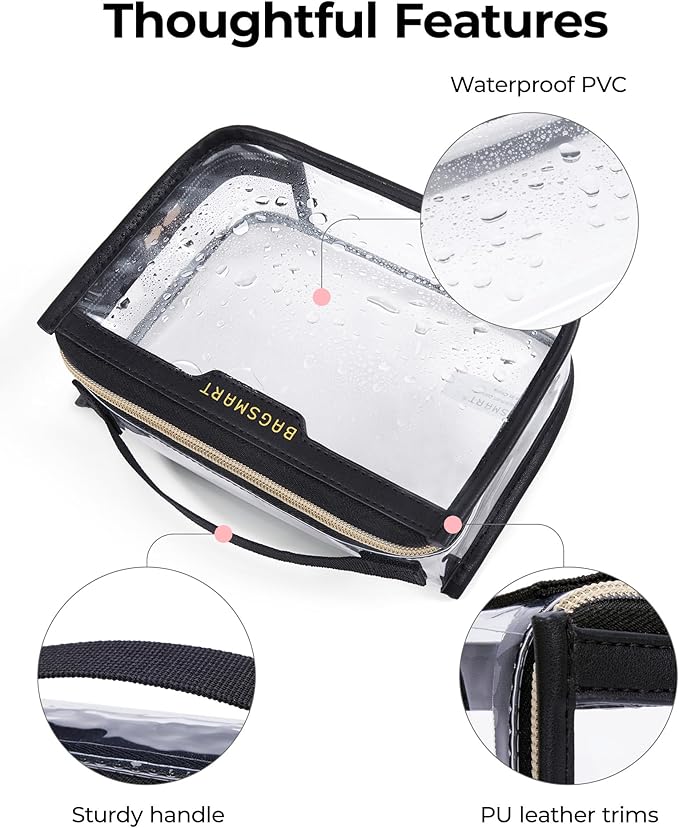 BAGSMART Clear Makeup Bag, TSA Approved Toiletry Bag, Makeup Cosmetic Pouch Bag for Women Quart Size Compliant Bag Organizer for Travel Essentials (Khaki,Pack of 1)