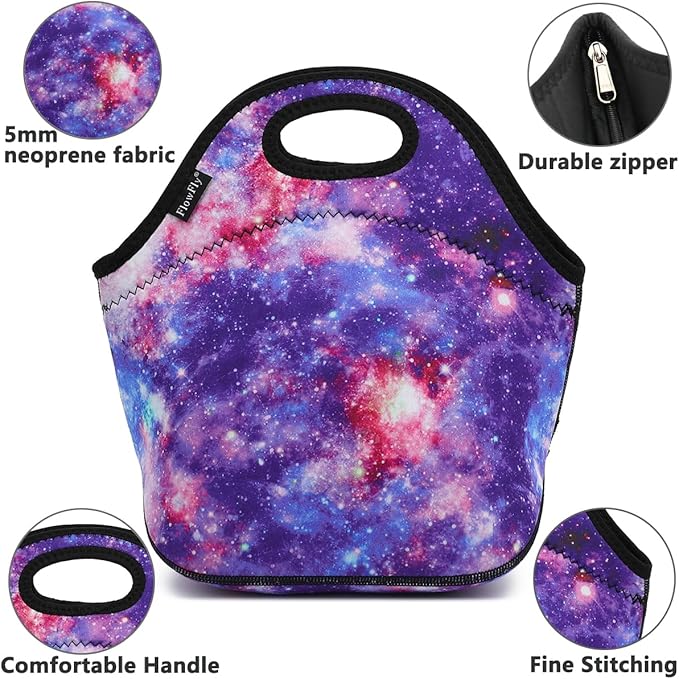 FlowFly Neoprene kids Lunch box Insulated Soft Bag Mini Cooler Thermal Meal Tote Kit for Boys, Girls,Men,Women,School,Work, Office, Galaxy