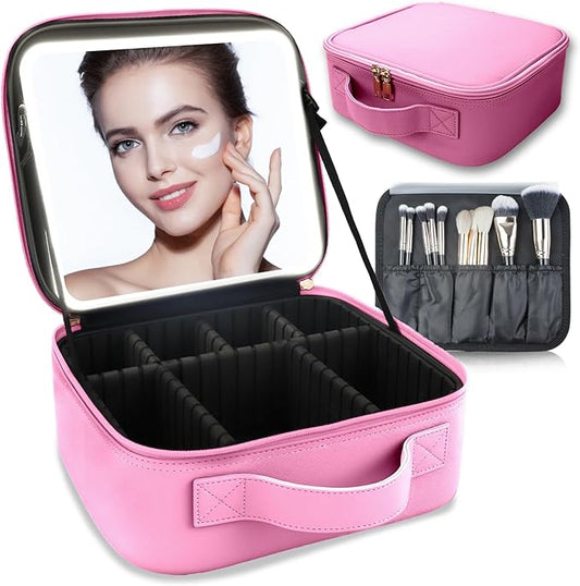 Makeup Bag with Led Mirror,Travel Makeup Organizer with 3 Color Setting, Portable Storage and Adjustable Dividers Travel Makeup Bag(Dark Pink)